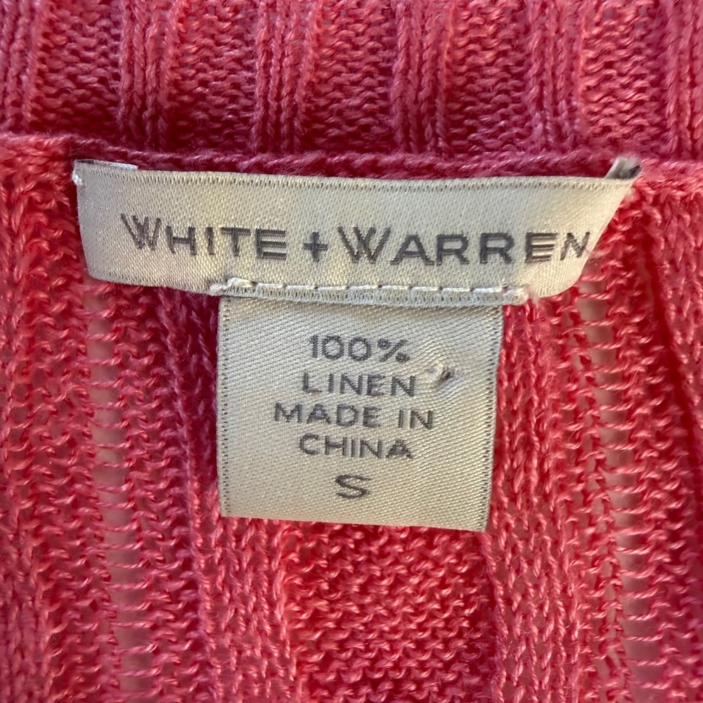 White + Warren Pink 100% Linen Cable Knit V-Neck Sweater Womens Small - Picture 3 of 6